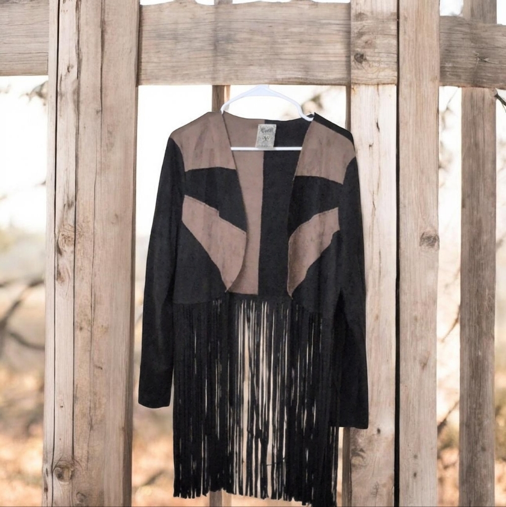 Vocal Black and Brown Suede Fringe Open Jacket